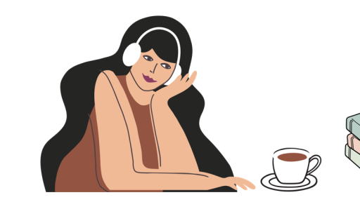 Vector graphic of person with headphones, coffee cup, book stack and house plant