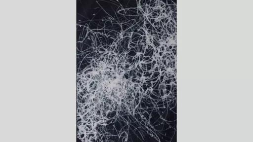 An artwork showing thick white and slightly transluscent penstrokes on a white canvas, increasing toward the central diagonal line of the canvas area