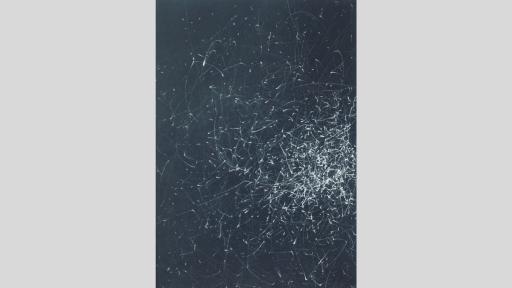 An artwork showing thin white eratic penstrokes on a dark canvas ending in blots of white, increasing toward a single central area