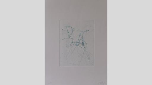 An artwork showing blue thin eratic penstrokes at the centre of a white canvas with a thick white border around