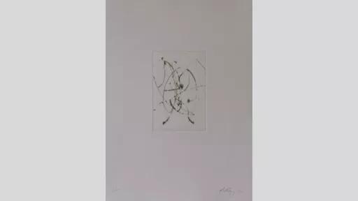 An artwork showing dark green thin eratic penstrokes at the centre of a white canvas with a thick white border around