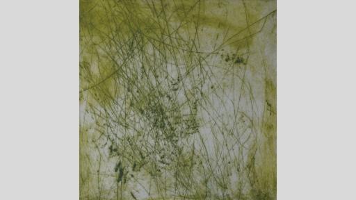 An artwork featuring a canvas in shades of green to white, that that has erratic green strokes across the canvas with blots of green in some areas close together