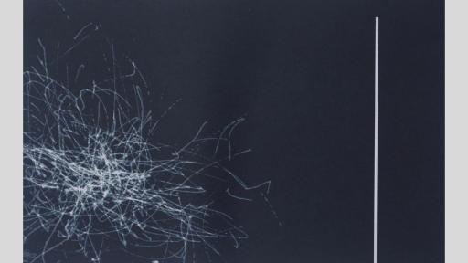 An artwork showing thin white eratic penstrokes on a black canvas on the right side, and a thick white vertical line on the left side that stretched from the bottom of the canvas almost to the top