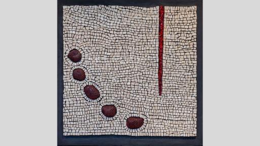 An artwork featurign a mosaic of beige square stones, with 5 round rocks protruding in a line across the bottom left corner of the piece, and a bright red vein from the top right spreading 3 quarters down the piece