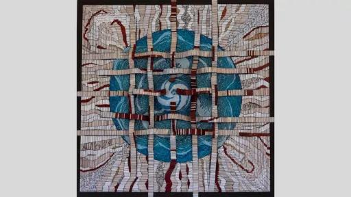 An artwork witha central swirling blue circle with wave-like patterns inside, and over the top layered paths that thatch together ad cross over each other while also appearing to curve and emerge from the canvas