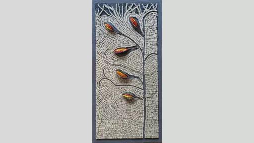 An artwork featuring a mosaic with the depiction of a flower with red and yellow pods, surrounded by beige mosaic tiles with root-like tendrils at the top
