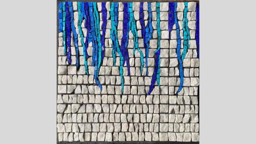 An artwork featuring a mosaic with white square stones as a base and blue and light blue tiles running in streams for the top of the canvas