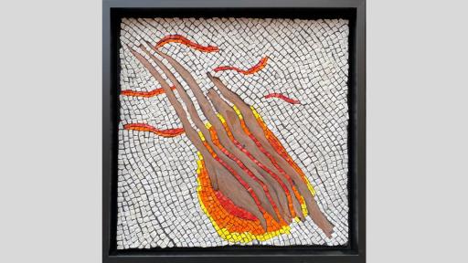 An artwork featuring a mosaic og square white stones with 5 strips of bark along the centre of the artwork and tiles in red, orange and yellow like a sun underneath these strips and a few orange waves coming off them