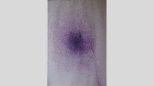An artwork showing thin and blotted purple ink in eratic penstrokes and small dots on a white canvas, increasing toward a single central area
