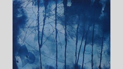 An artwork featuring a canvas in shades of blue that depict eractic dark stokes and thick blue drips down the canvas that blot and join together