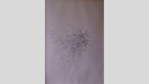 An artwork showing thin dark eratic penstrokes on a white canvas, increasing toward a single central area