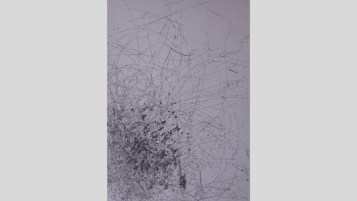 An artwork showing thin dark eratic penstrokes and blotted dots on a white canvas, increasing toward a single central area