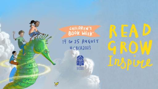 Children's book week illustration of three children riding a green dragon