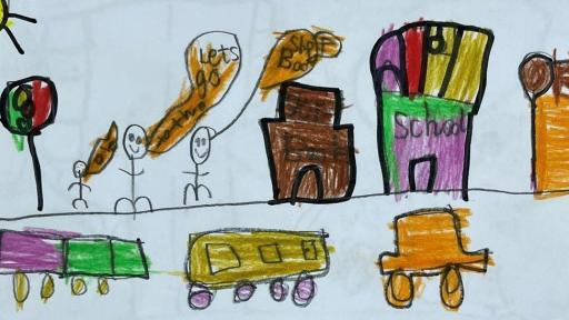 A child's drawing of cars driving down a road past buildings and a school