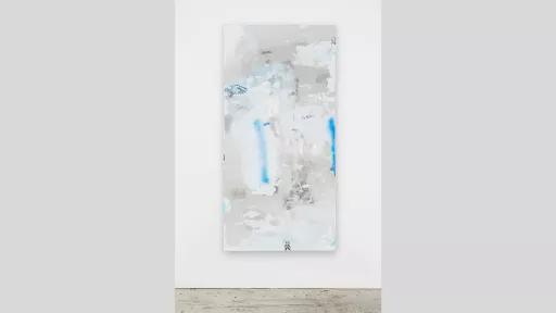 Large grey and blue abstract vinyl, plywood, and acrylic painting