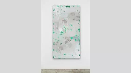Large grey and green abstract vinyl, plywood and acrylic painting.