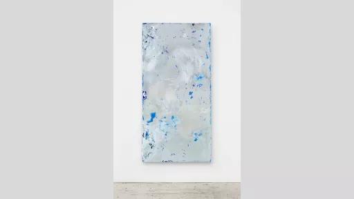 Large blue and silver abstract vinyl, plywood and acrylic painting.