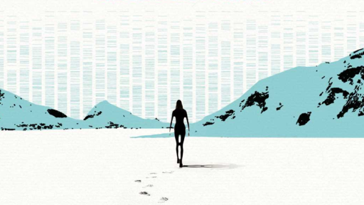 Graphic of a person walking towards mountains