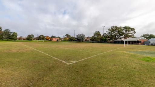 Corner of rectangular soccer field with white painted markings and goals at either end. There are trees and houses in the distance.