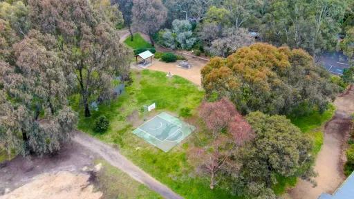 Aerial view of small grass area with basketball half-court and covered seating area. There are several large trees to the left and right and a thick layer of trees at the top.