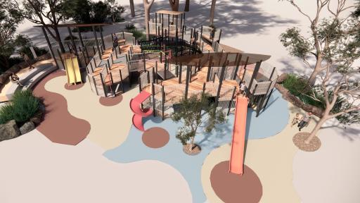 A birds-eye-view render of what the timber play structure might look like, looking down over the side of the structure with the slide, and showing more of the central challenging ropes climb area and the shaded activity panels area.