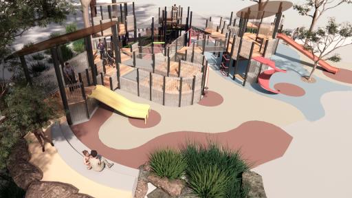 A render of what the timber play structure might look like, looking at the structure from above the seating area near the double slide, and showing the accessible ramp in the structure in use and the shaded areas over the slide and the billabong lookout.