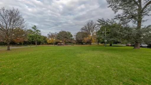 Large grass area with scattered partly bare trees around its edge. There is a playground in the distance and cars on the far right.