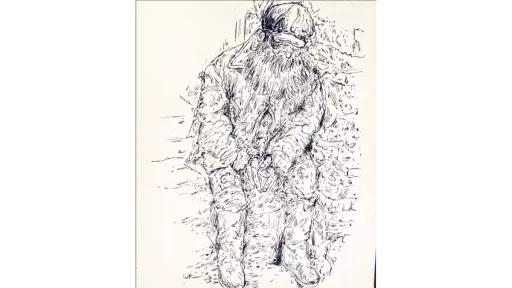 Black and white sketch of a man sitting down, his hands folded in his lap. Has a large beard and is wearing a cap that covers most of his face. The background is also partially drawn, revealing part of the brick wall the man is leaning up against.