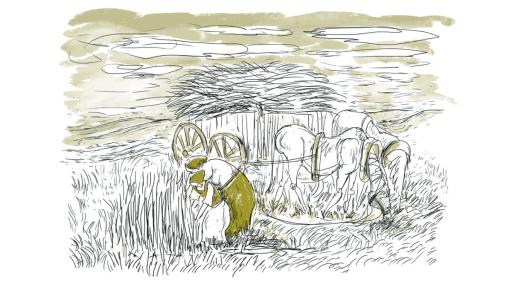 Digital illustration of a girl and women bent over in a field tending to some long grass. A cart pulled by two horses is behind them. The horses are bent over, eating grass and the cart is filled with a huge stack of cut grass. The sketch is mostly black and white but details including the woman’s skirt, the girl’s vest, their hats, the sky and the bridles of the horses are coloured in a dark yellow brown.