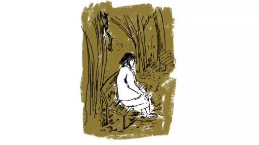 Digital illustration of a girl sitting on a bench, turned away from view so that only her back is revealed to the viewer. She has shoulder length, black hair and is wearing a large coat, skirt and shoes. There is a second bench in the background and trees behind both benches. The figure isn’t coloured in, but the background is fill in with a dark yellow brown.