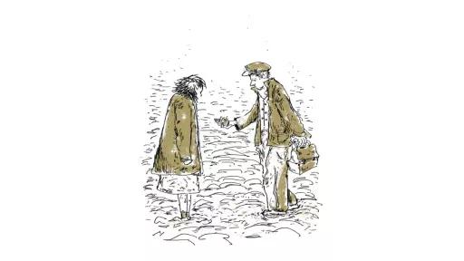 Digital illustration of a man holding an apple out to a young teenage girl. The Girl’s hair is black, shoulder length and messy and she’s wearing an oversized coat, skirt and her feet are ankle deep in snow. The man is wearing a shirt, oversized coat, pants, hat and is holding a toolbox. The sketch is mostly black and white but details including the coats, pants, hat, apple and toolbox are coloured in a dark yellow brown.