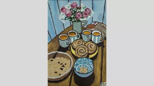 Painting of a kitchen table. The table features pink roses in a vase, four mugs of tea, a plate of pastries, a bowl of pistachios, and a smaller bowl for the pistachio shells.