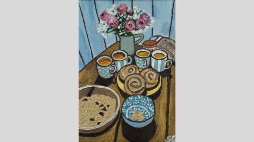 Painting of a kitchen table. The table features pink roses in a vase, four mugs of tea, a plate of pastries, a bowl of pistachios, and a smaller bowl for the pistachio shells.