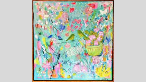 Colourful, somewhat abstracted painting featuring blue and pink paint predominately. Small images of butterflies, flowers, potted plants, branches, and a few small birds appear when you look closer.