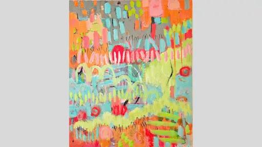 Abstract colourful painting with blue, green, yellow, pink, red, and orange patches of paint. Some strokes are curvy, others rectangular blocks, or repeated small lines.