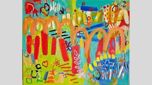 Abstract colourful painting vaguely representing a park with a lake. Small images of flowers and love hearts appear when you look closely. The painting is mainly blue and green, representing grass and water, but there are also red, orange, yellow and dark blue scribble-like paint strokes throughout.