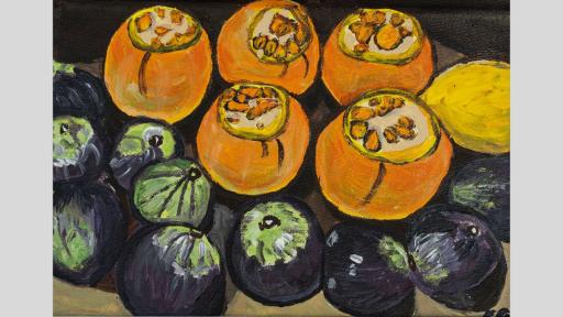 Painting of oranges with slices taken from the top, figs, and one lemon. The perspective is close-up, so the fruits fill the entire canvas.