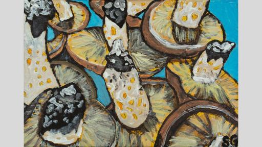 Painting of mushrooms with the tops facing down and the stalks standing up on a blue background. The perspective is close-up, so the mushrooms fill the entire canvas.