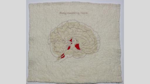 Finely stitched image of a brain sewn in red thread on off-white woollen felt. Parts of the brain towards the centre and lower half are filled in with stitched red thread, indicating the part of the brain that is activated by certain emotions. Above the brain the words ‘body monitoring nuclei’ are finely stitched.