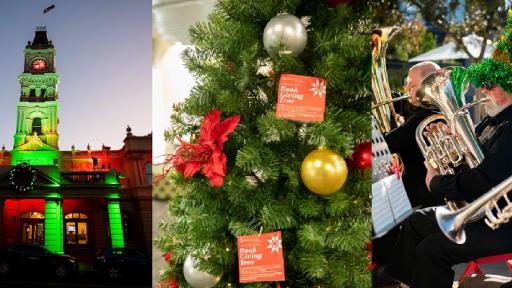 5 christmas photos, a wall of wrapping paper, the Hawhtorn Arts Centre lit up in red and green, a Christmas tree with baubles and donation cards, people playing brass instruments and wearing christmas hats, and christmas decorations hanging in a shop