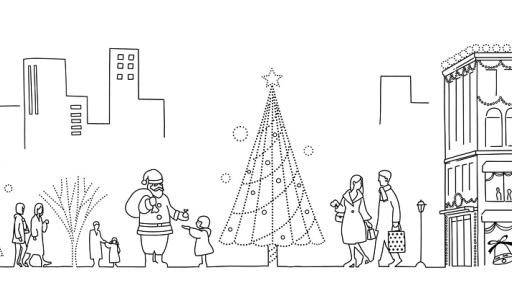 Line drawing of people shopping and santa claus handing out a gift next to a christmas tree