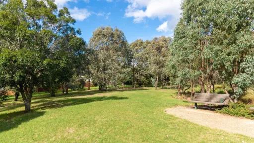 A small field of grass surrounded by trees. A gravel path leading to a wooden chair is to the right.