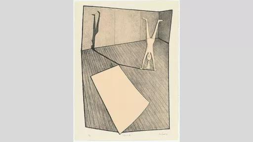 Print of a young girl doing a handstand next to a mat on the floor. She is in a leotard and has a ponytail that touches the floor. Her shadow casts along the floorboards and onto the wall behind her.