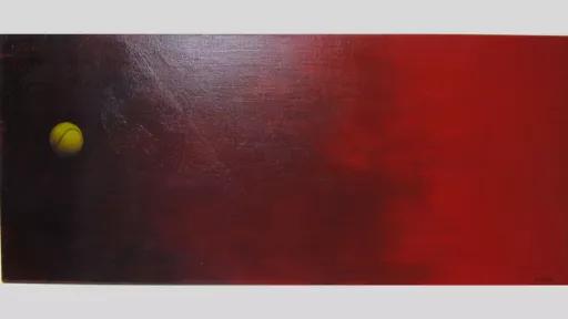 Long, narrow landscape orientated painting of a tennis ball on a deep red background. It’s unclear what the red background is, but the left side is a dark red that slowly become brighter as it reaches the right side. The neon-green tennis ball is on the left side in the middle, appearing to be flying through the air.