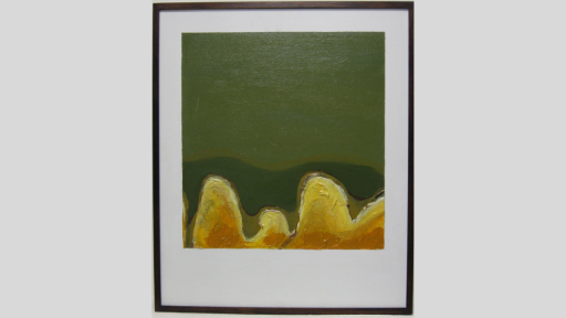 Abstract painting featuring green and gold paint with a large blank white border. The background is an olive green, with yellow mounds at the bottom of the painting. The border makes the painting look like a polaroid picture, making it clearer that the yellow morphos figures might represent people in a crowd.