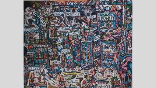 A busy scene from top to bottom featuring children playing and several phrases including ‘I’m hungry’, ‘Keep out!’, ‘Stick ‘em up!’, ‘Sure Sarge’, ‘$100 please’. Painted in a cartoon style with thick black outlines.