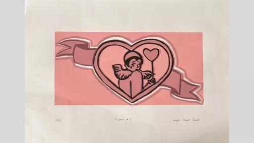 Pink linocut print of sad feminine clown. The background colour is light pink. The main imagery is a love heart with a ribbon behind it. Inside the love heart is a sad, 1920’s style clown with short black hair, bowl-style hat, and a large, bouncy collar. She is facing away, looking over her shoulder, holding a floating love-heart shaped balloon.