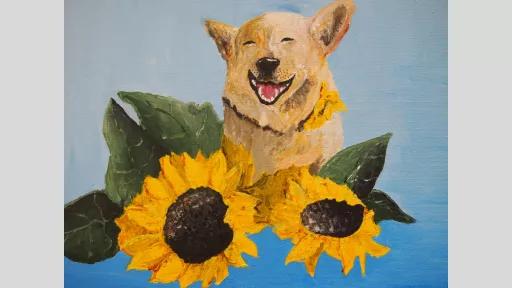 Painting of a light-haired dog, perhaps a kelpie, positioned behind two sunflowers. The dog has its mouth open smiling with its eyes closed, with the sunflowers leaves on either side of it. The background has a light blue to mid-blue gradient.