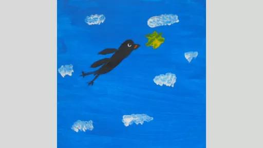 Painting of a black bird in the sky. The background is blue with seven small white clouds surrounding the bird. The black bird is in the centre of the artwork and has a red beak. It is chasing a yellow butterfly.