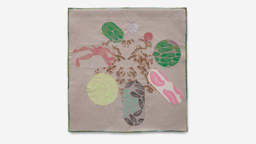 Image of a large linen fabric square on a white background. The linen is a neutral brown colour with a thin, hand-stitched embroidered edge in various shades of green. Brown splodges of paint are printed scattered around the middle of the square. Eight additional pieces of linen have been cut into circles and ovals and arranged in a circular formation around the brown splodges. The pieces are also a neutral brown colour but stamped with pink, green, purple, yellow and grey shapes resembling potatoes.